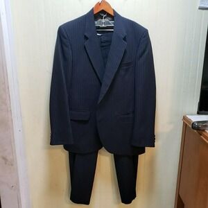 Edgeworth Suit Mens 44 38x30 Blue Polyester Pinstripe 2 Piece USA Notch Lapel